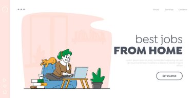 Uzaktan Serbest Çalışma, Ödev Mekanı İniş Sayfa Şablonu. Fasulye Torbası Kol Koltuğu 'nda oturan, dizüstü bilgisayarında Mesafeli Çalışan, Evde Karakter Çalışan Kadın. Doğrusal Vektör İllüstrasyonu