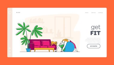 Fitness Spor Aktivite İniş Şablonu. Esneme antrenmanı sırasında spor salonunda dinlenen kız. Sağlıklı Yaşam Tarzı İçin Egzersiz Yapan Sağlıklı Kadın Karakteri. Doğrusal Vektör İllüstrasyonu