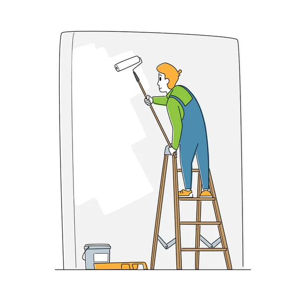 Home Repair Worker Character Painting Wall Mit Roller Professionelle Baumeister — Stockvektor