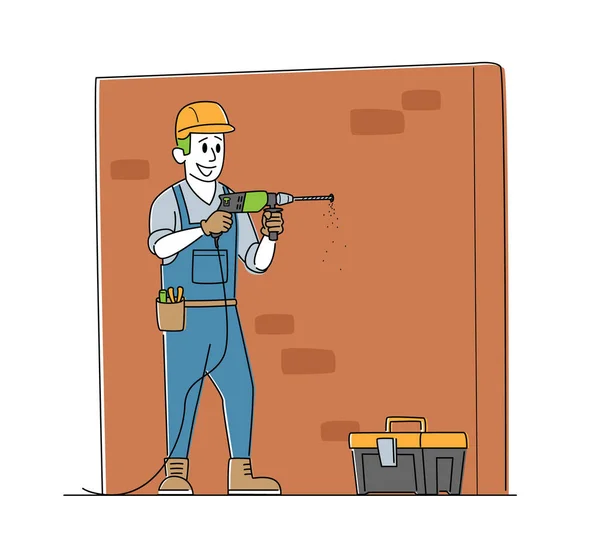 Parede Tijolo Broca Personagem Trabalhador Home Repair Service Construction Renovation — Vetor de Stock