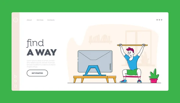 Man Doing Morning Exercises Stretching Workout Home Landing Page Template — Archivo Imágenes Vectoriales