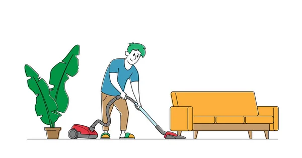 Domácnost Charakter Vacuuming Domácí Vysavačem Obývacím Pokoji Mladý Muž Dělá — Stockový vektor