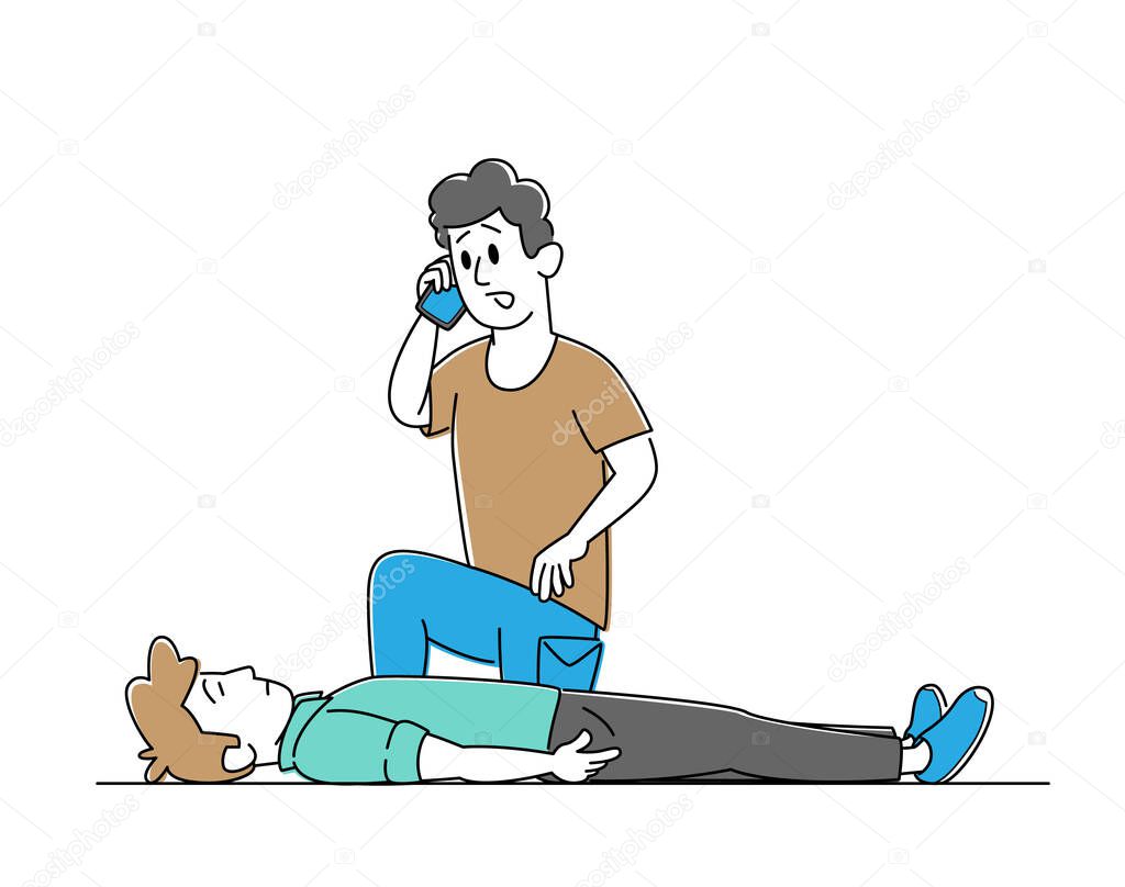 Male Character Emergency Call to Ambulance as Part of First Aid Help. Man Victim Lying on Floor. Nursing Training, Cardiopulmonary Resuscitation Medical Care. Linear People Vector Illustration