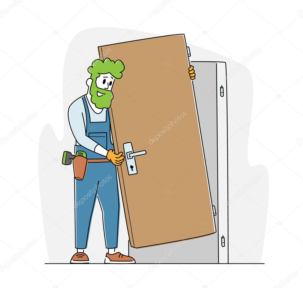 Home Repair Master Male Character Set Up New Door in Apartment. Construction Service. Engineer in Working Robe with Equipment Tools. Carpenter Repairman, Builders Work. Linear Vector Illustration