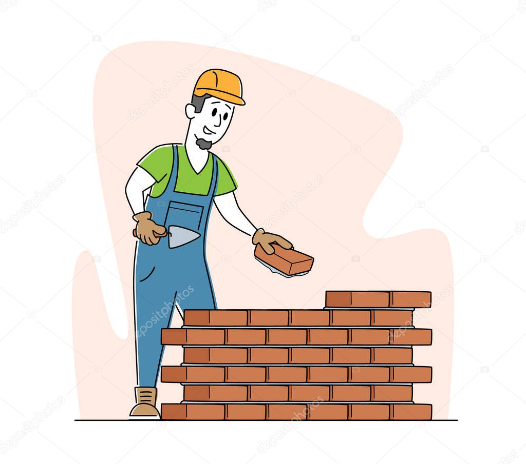 Builder Male Character Wearing Helmet and Uniform Holding Trowel Put Concrete for Laying Brick Wall Completed and Rejoice of Work. Man Engineer at Construction Site. Linear Vector Illustration