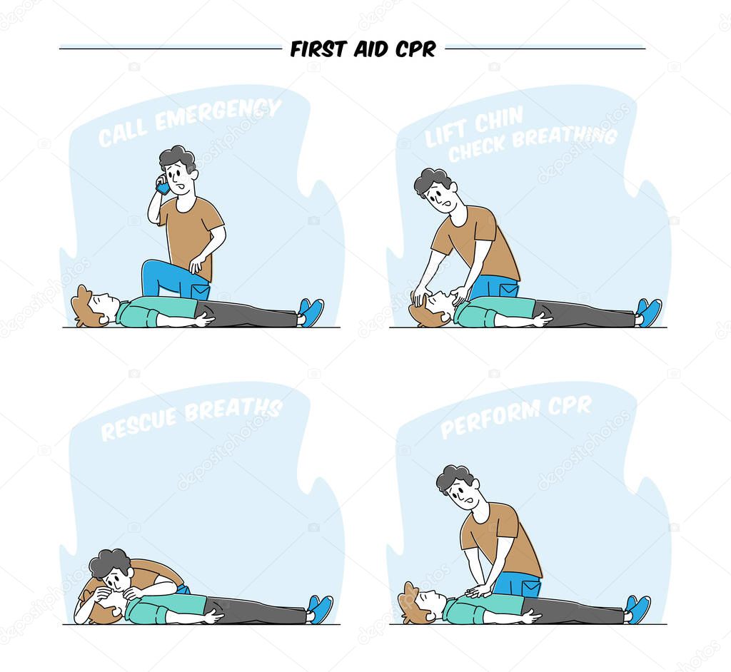 Character Perform First Aid Help to Victim Lying on Floor. Emergency Call, Check Breathing, Rescue Breath and CPR. Nursing Training, Cardiopulmonary Resuscitation. Linear People Vector Illustration