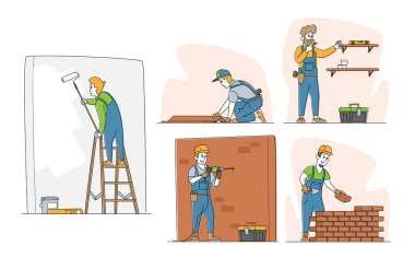 Set of Home Repair Characters. Workers in Robe Carpentry and Maintenance Works Painting and Drilling Wall, Laying Bricks, Fitting Laminate on Floor and Hanging Shelf. Linear People Vector Illustration vector