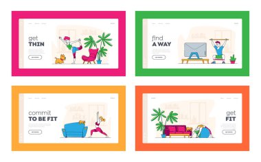 Karakterler Evde Geriliyor, İniş Sayfa Şablonu Ayarlandı. Yoga ve Spor Faaliyetleri, Spor Egzersizleri, Farklı Pozisyonlarda Spor, Ekipman, Sağlıklı Yaşam. Doğrusal İnsanlar Vektör İllüstrasyonu