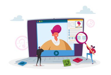 Tiny Hr Departmanı Personel Karakterleri Aday Özgeçmişini okuyor Çevrimiçi Mülakat ve İş Bulma için Büyük Bilgisayar Ekranı. Geleceğin İşçisiyle Sanal Müzakere. Çizgi film İnsanları Vektör İllüstrasyonu