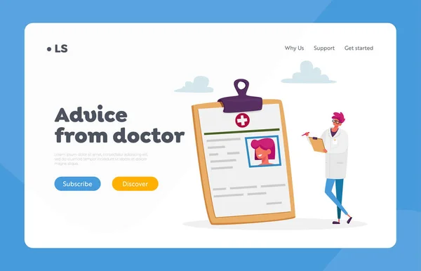 Tiny Doctor Character Napisz Diagnozę Cukrzycy Pacjenta Leczenia Landing Page — Wektor stockowy