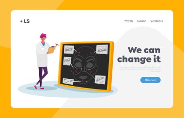 Plastik Cerrahi İniş Şablonu. Cerrah Projeksiyonu Hasta Görünümü, Doktor Karakter Kadın Yüzü Planına Çizgiler Çiziyor. Tıbbi Kozmetik, Sağlık Bakanlığı Konsepti. Çizgi film Vektör İllüstrasyonu