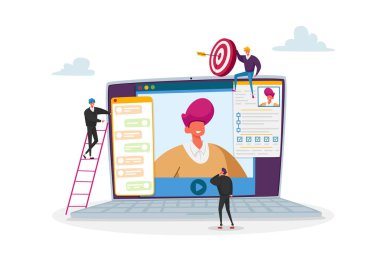 İnsan Kaynakları Müdürü Aday Devam Ediyor Röportajı İnternet üzerinden yapıyor. Başvuru Yapan Karakter, Çalışma Yetenekleri ve Çalışma Deneyimini Bilgisayar Komitesi 'ne Bildir. Çizgi film İnsanları Vektör İllüstrasyonu