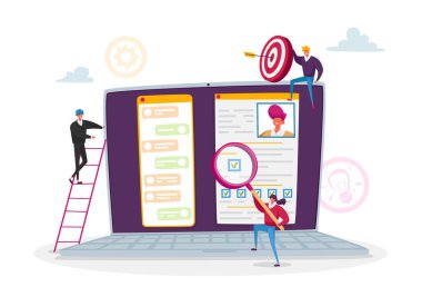 Çevrimiçi Röportaj, İş Tanımları, Eleman Bulma Konsepti. Küçük İşveren Karakterleri Personel Başvurularına Devam Ediyor, İş Bulma İnternet Kaynağı Aranıyor. Çizgi film İnsanları Vektör İllüstrasyonu