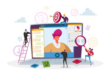 Çevrimiçi iş görüşmesi. İnternet Konferans Bağlantısı üzerinden İş Geçmişi Uzmanlığı Deneyimi Başvurusu Hakkında Sorular Soran Karakterler, Dinleyin Aday. Çizgi film İnsanları Vektör İllüstrasyonu