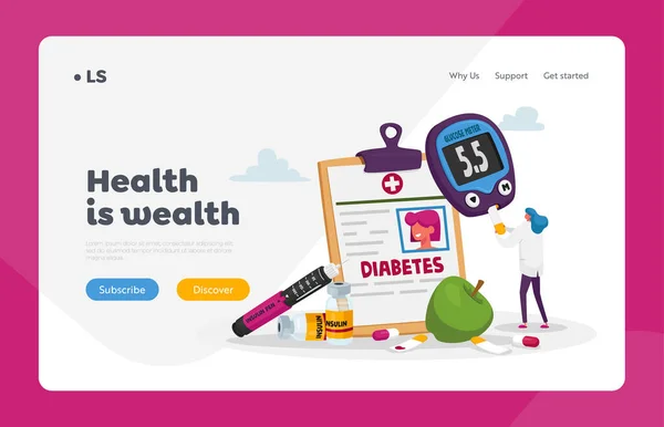 Diabetes Ziektebestrijding Landing Page Template Kleine Doctor Vrouwelijke Karakter Steek — Stockvector