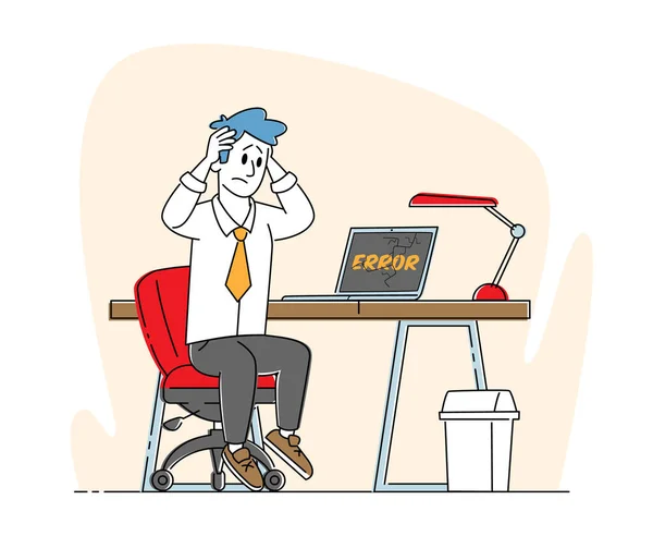 Office Worker Male Character sit at Working Desk with Broken Computer Holding Head. 절망적 인 사업가와 가젯 — 스톡 벡터