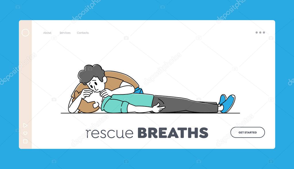 Cardiopulmonary Resuscitation Medical Care Landing Page Template. Character Make Artificial Ventilation Rescue Breath