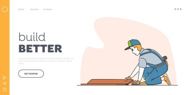 Ev Yenileme ve Marangozluk İşleri İniş Sayfa Şablonu. Laminate Döşeme Servisi. Araçları olan İşçi Karakteri