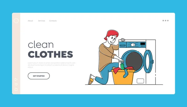 Launderette Πλυντήριο, Καθάρισμα Υπηρεσία Προσγείωσης Πρότυπο σελίδας. Γυναικείος χαρακτήρας σε δημόσια πλυντήρια ρούχων — Διανυσματικό Αρχείο