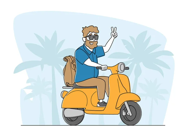 Sırt çantalı neşeli son sınıf motosiklet sürüşü, Hipster Emekliler Aktif Yaşam Tarzı, Yaşlanmış Erkek Karakteri Aşırı Etkinlik — Stok Vektör