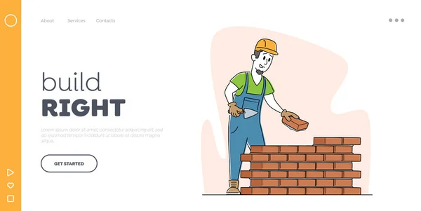 Man Engineer op bouwplaats Landing Page Template. Bouwer in Helm Hold Troffel Zet Beton Leggen Brick Wall — Stockvector