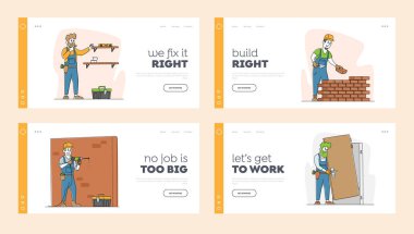Home Repair Service Landing Page Template Set. Male Workers Characters Carpentry and Maintenance Works Drilling Wall vector