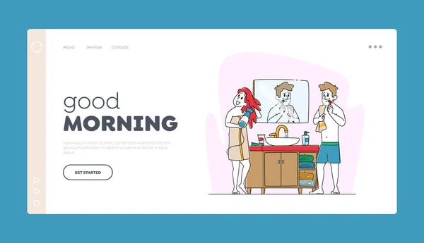 Morning Hygiene Procedure Landing Page Template. Paar in de badkamer voor spiegel drogen haar en borstelen tanden — Stockvector