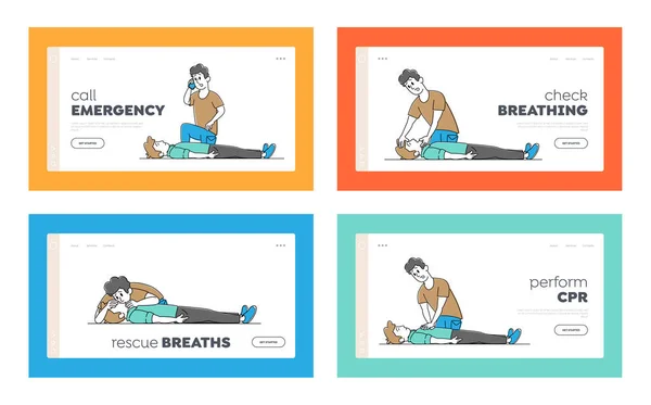 Conjunto de plantillas de página de aterrizaje de reanimación cardiopulmonar. El personaje realiza primeros auxilios a la víctima. Llamada de emergencia, RCP — Vector de stock