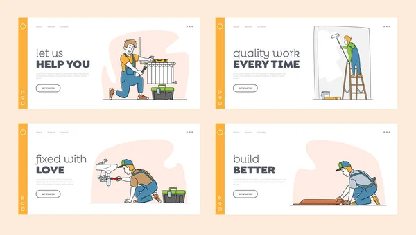 Handyman Service Landing Page Template Set. Personagens masculinos pintura parede, instalar tubulações do sistema de aquecimento, fixação de vazamento —  Vetores de Stock