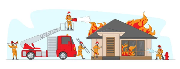 Pompiers se battant avec Blaze Travaillant comme lutte d'équipe avec le feu à Burning House, personnages masculins en uniforme pulvérisation d'eau — Image vectorielle