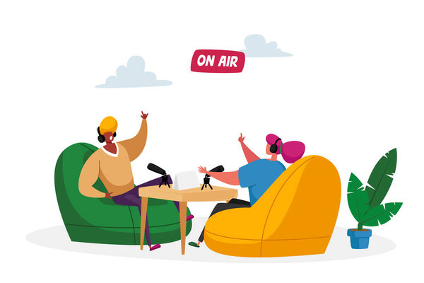 Radio or Podcast Streaming Concept. Male and Female Radio Dj Characters in Headset Speak to Microphones, Broadcasting