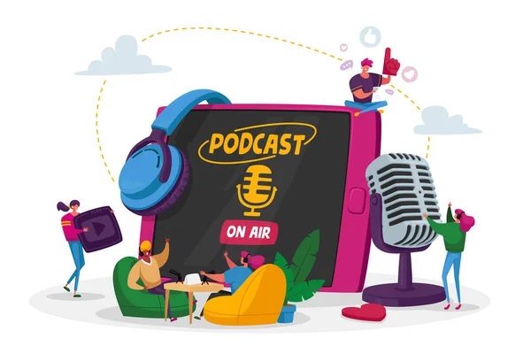 Podcast, Comic Talks o Audio Program Online Broadcasting. Piccoli personaggi maschili e femminili con microfono e auricolare — Vettoriale Stock