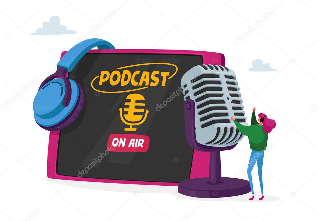 Tiny Female Character in Headset Speaking at Huge Microphone near Table Pc Conducting Podcast, Online Broadcasting