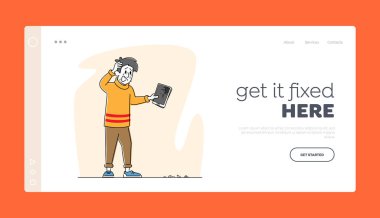Düşmüş Telefon Olumsuz Duygu İniş Sayfası Şablonu. Kırık Tableti Yerde Kıymıklarla Bozuk Erkek Karakteri Tut