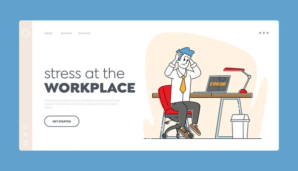 Απελπισμένος επιχειρηματίας και κατέστρεψε το πρότυπο Gadget Laptop Landing Page. Γραφείο εργαζόμενος αρσενικό χαρακτήρα Sit at Work Desk — Διανυσματικό Αρχείο