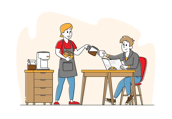 Para Rodzinna Postacie Śniadanie, Młody Mężczyzna siedzi przy stole Kobieta ze świeżą piekarnią w dłoniach Wlać gorącą kawę w filiżance — Wektor stockowy