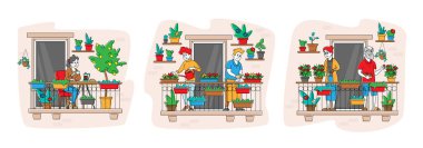 Set Erkek ve Kadın Karakterleri Balkon Bahçesindeki Ev Bitkilerinin Bakımı Yaşlılar Olgun Domates Topluyor, Çiçekleri Sulama