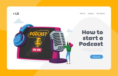 Podcast veya Online Broadcasting, Livestream İniş Sayfa Şablonu. Kulaklıklı Küçük Kadın Dev Mikrofonda Konuşuyor