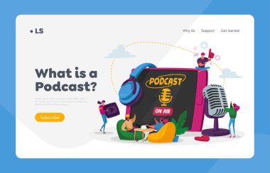 Podcast, Ses Programı Online Yayın İniş Sayfası Şablonu. Küçük Erkek, Mikrofonlu Kadın Karakterler, Kulaklık