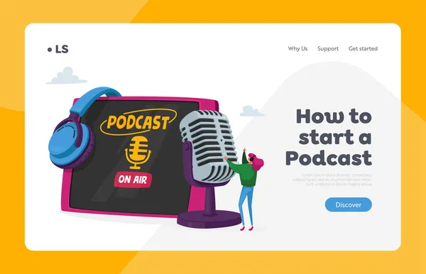 Podcast of Online Broadcasting, Livestream Landing Page Template. kleine vrouw in headset spreken op enorme microfoon — Stockvector