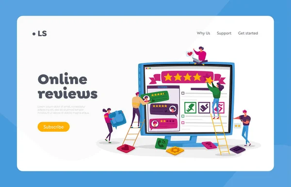 Customers Online Review, Ranking und Bewertung Landing Page Template. Kleine Zeichen bringen riesige Sterne auf den PC-Bildschirm, Feedback — Stockvektor