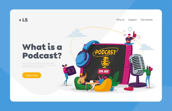 Podcast, Audio Program Online Broadcasting Page Template Tiny Male, Female Characters with Microphone, Headset — стоковий вектор