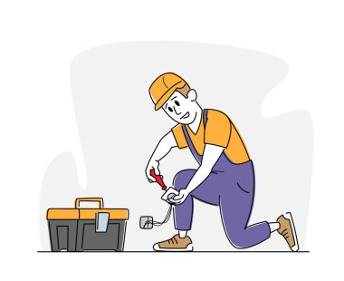 Profesyonel Elektrik Tamircisi Soketi. Hardhat ve Çalışma Tulumları Ustası Elektrikli Kriko Düzeltme Tornavida Kullan