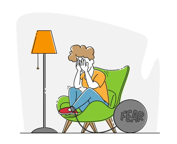 Angst, Konzept für psychische Störungen. Weinendes Mädchen mit Panikattacke sitzt mit schwerem Bob und Kette am Bein im Sessel — Stockvektor