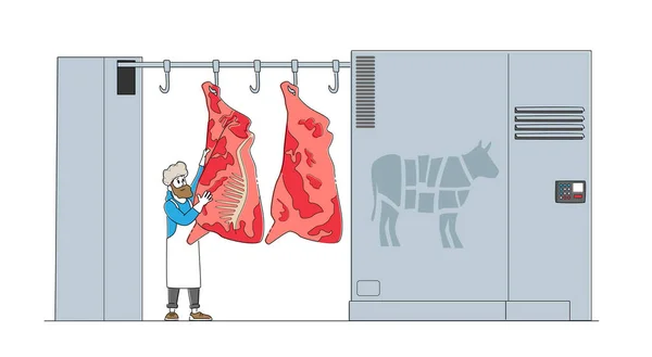 Carniceiro Caráter Masculino Stand na Carcaça de Vaca Cru Pendure no Gancho na Fábrica de Carnes com Equipamento Automatizado para Produção de Carne de Bovino — Vetor de Stock