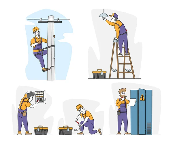 Set of Electricians at Work. Male Workers in Overalls Climbing on Transmitting Tower, Change Burnt Lamp, Check Voltage — Stock Vector