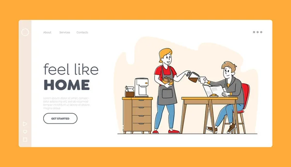 Happy Family Couple Characters Ontbijt, Landing Page Template. Jongeman zit aan tafel vrouw met verse bakkerij — Stockvector