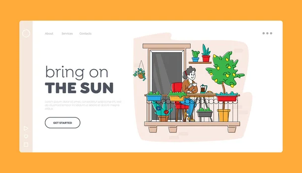 Kobieta korzystająca z relaksu w Home Garden Landing Page Szablon. Kobieta Postać siedzi w fotelu Picie kawy — Wektor stockowy