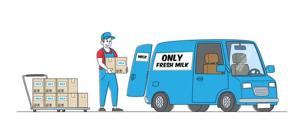 Servicio de entrega de alimentos lácteos. Empresa que entrega leche en coche. Hombre trabajador desgaste uniforme carga paquetes de papel — Vector de stock