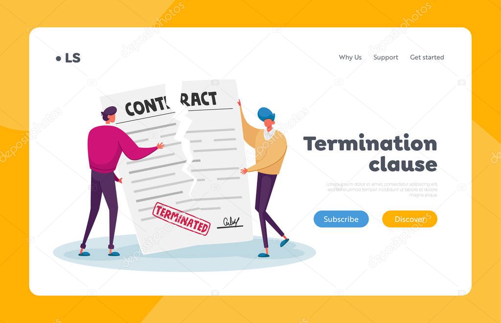 Contract Cancellation, Agreement Termination Landing Page Template. Tiny Characters Tear Huge Paper Terminated Contract